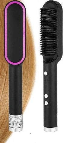 Red 2-in-1 hair straightener and hot comb with tourmaline ceramic plates and digital temperature display