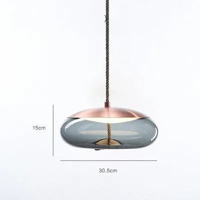 Glass chandelier with twine design, 30cm by 30.5cm, LED warm light, 220V, in amber, water blue, or smoke grey.