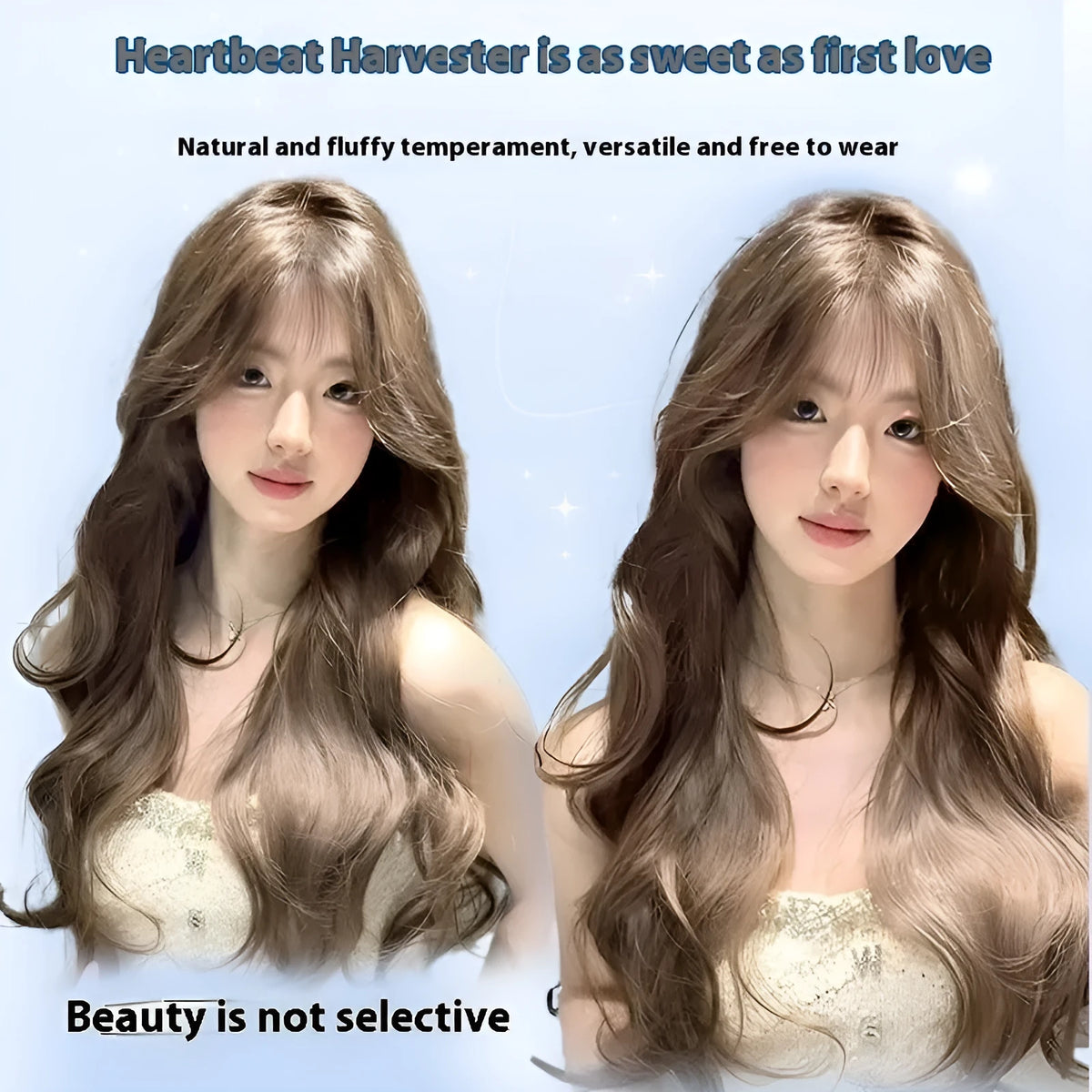 Hazelnut grey brown long curly synthetic wig with care kit on a stand