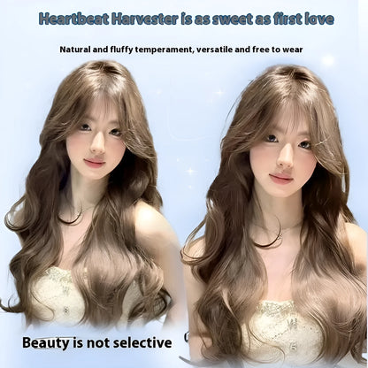 Hazelnut grey brown long curly synthetic wig with care kit on a stand