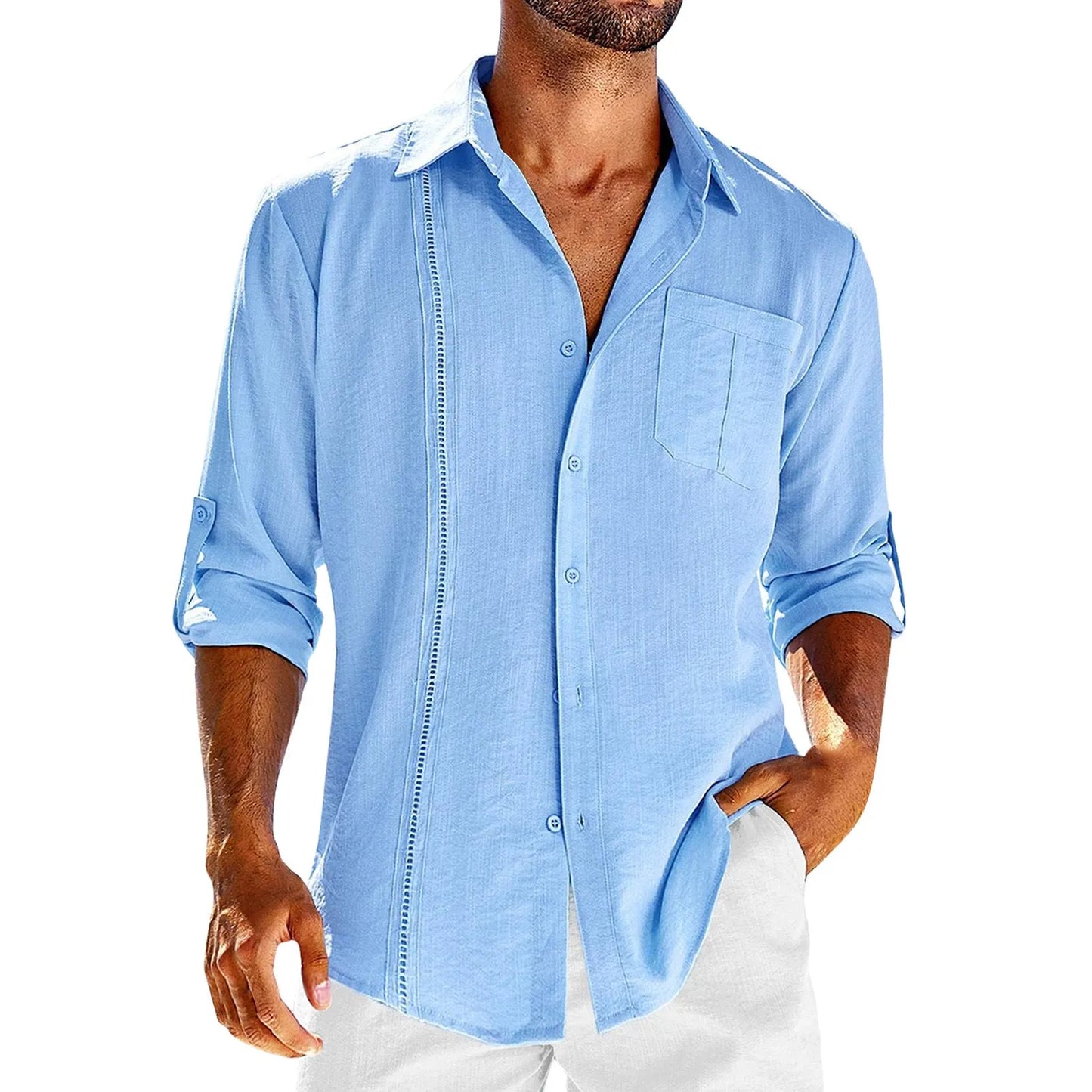 Men's solid colour long sleeve cotton blend shirt with polo collar and lace-trimmed chest pocket
