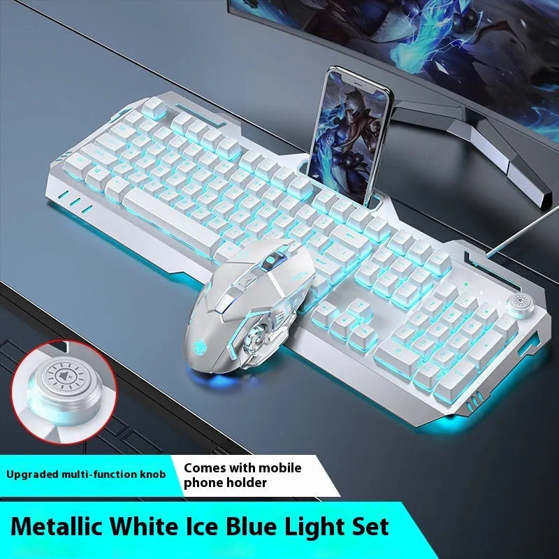 Aluminium alloy mechanical gaming keyboard with rainbow lighting, shown with a macro mouse and gaming headset.