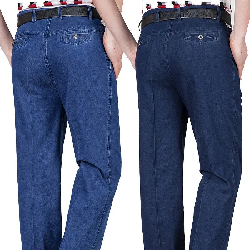 Men's high waist loose blue jeans with zip fly in light, medium and dark colour options