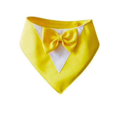 Triangular pet bib with bow detail in assorted colours, shown on a dog as a scarf and drool towel.