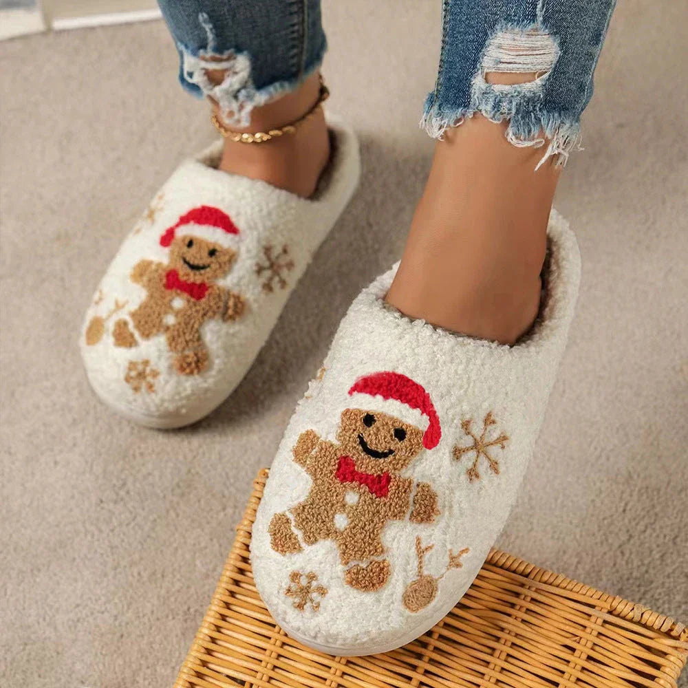 Festive Snowflake Gingerbread Slippers with plush upper and non-slip sole for cozy indoor wear