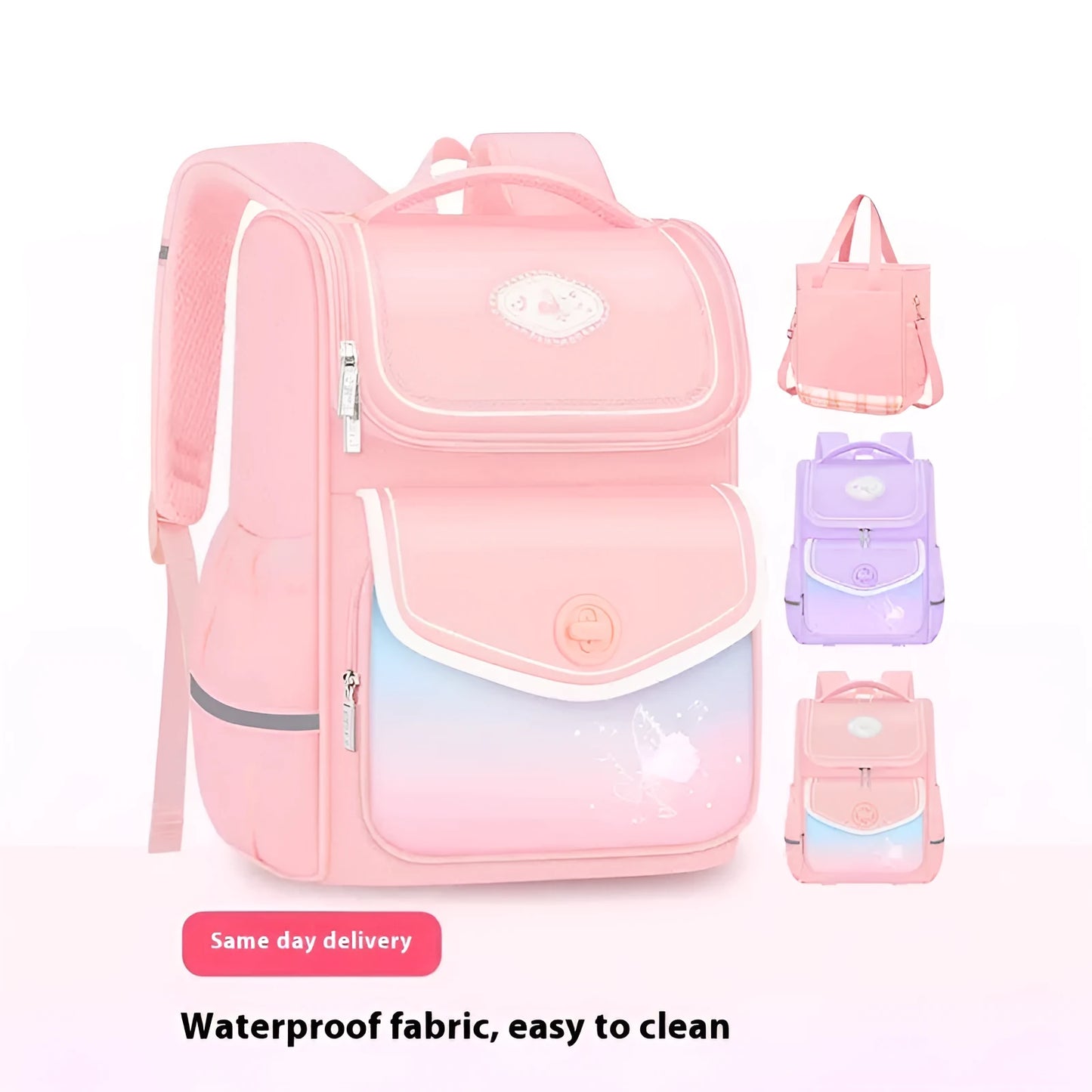 Pink girls school backpack with wide padded straps on a wooden bench, books and lunch bag inside.