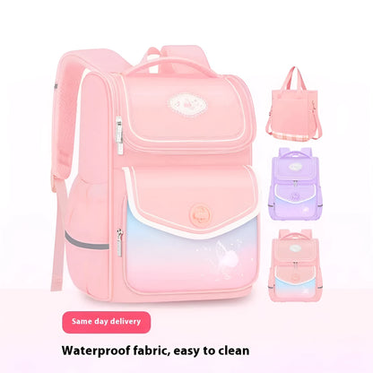Pink girls school backpack with wide padded straps on a wooden bench, books and lunch bag inside.