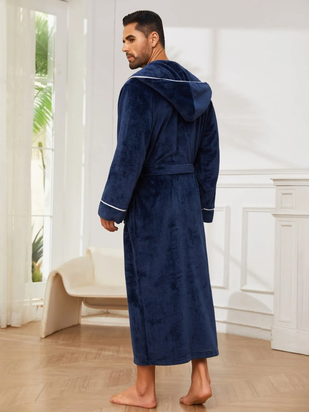 Men's long sleeve flannel bathrobe in light grey, dark blue, or black colours
