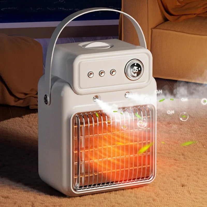 White 1200W room heater with humidifier measuring 19cm by 25cm, showing control panel with temperature and mist settings
