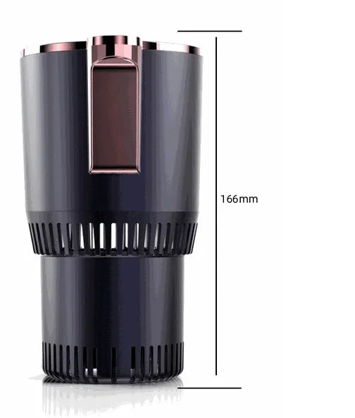 Black 12V car heating and cooling cup with digital display in a vehicle cup holder.
