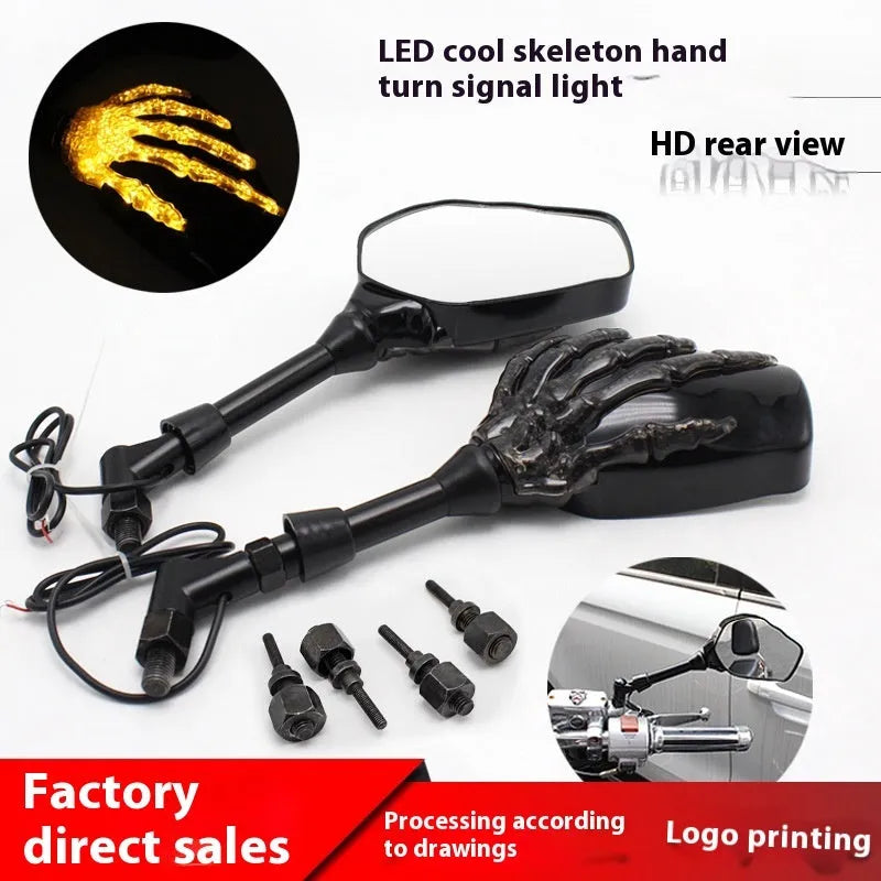 Black motorcycle rearview mirror pair with skull hand ghost claw design, LED reflector, 140mm by 89mm