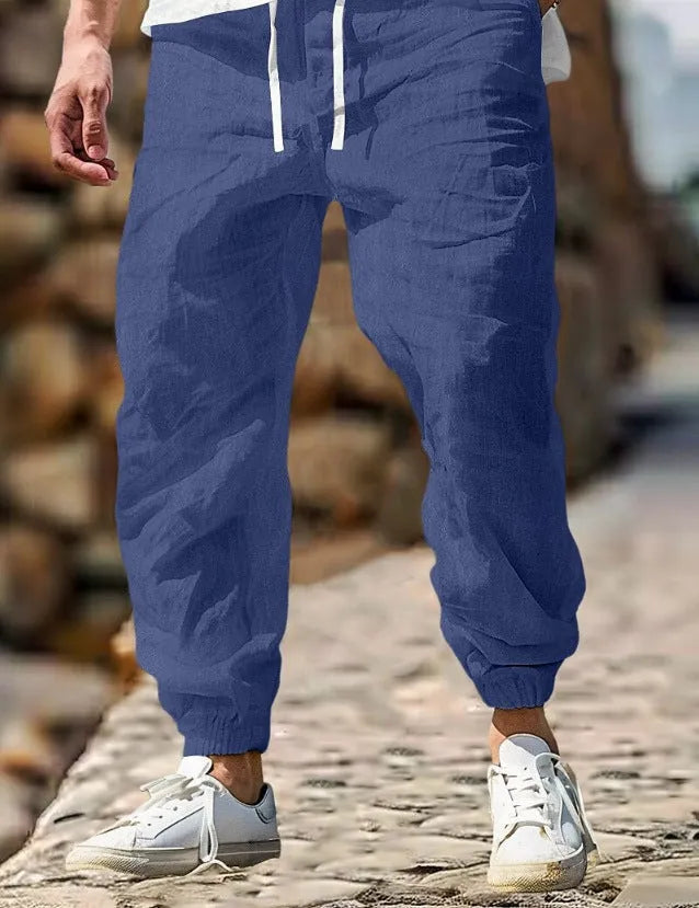 Men's straight-leg cotton trousers with elastic waist in seven colours, sizes S to XXXL for summer wear