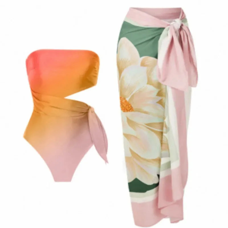 Women's retro print one-piece swimsuit in quick-dry polyester fabric on a mannequin.