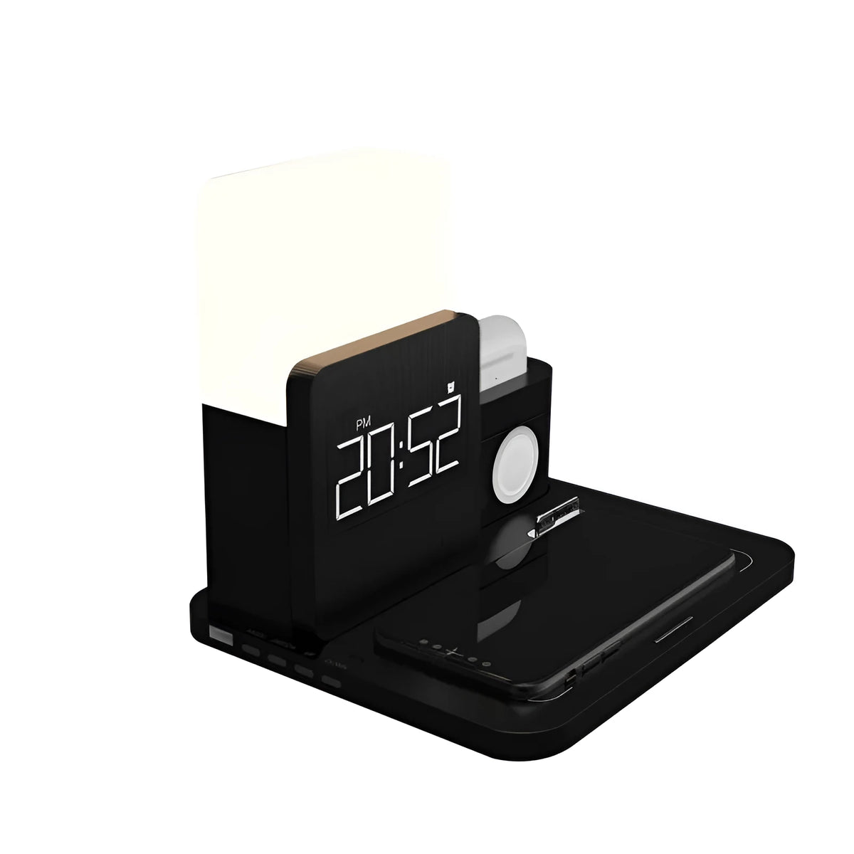 Dark green 3-in-1 Qi wireless charger stand charging a smartphone, smartwatch, and earbuds