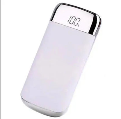 Square aluminium power bank with digital display and multiple USB ports in pink colour.