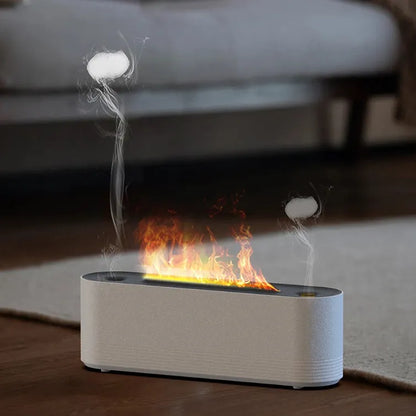 Black ultrasonic humidifier diffuser emitting cool mist with multi-colour LED flame light effect on a wooden surface.