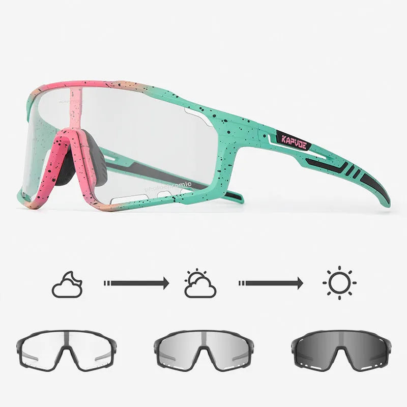 Photochromic cycling sunglasses with TR90 frame in semi-rimless unisex style on a solid colour background.