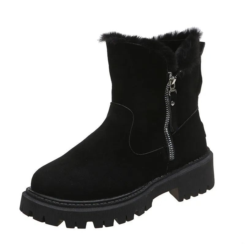 Women's black faux suede high-top snow boots with a side zipper and fur-lined collar.