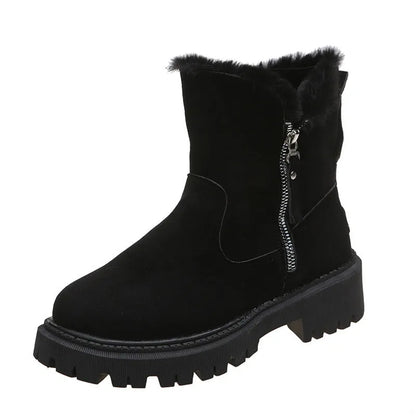 Women's black faux suede high-top snow boots with a side zipper and fur-lined collar.