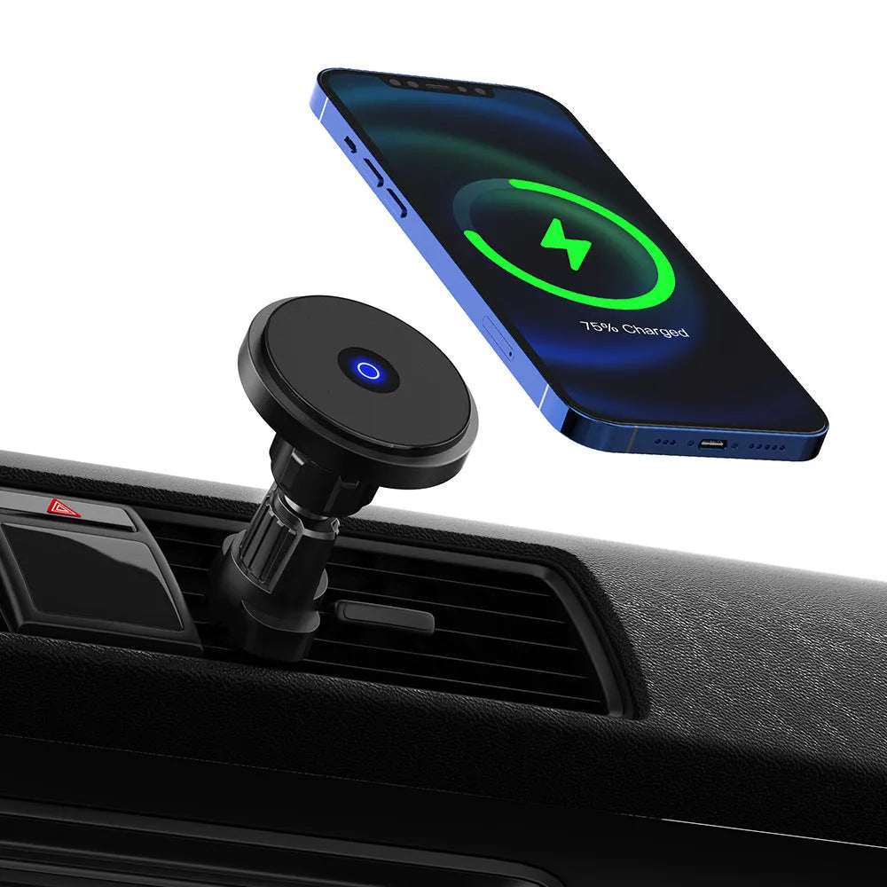 Silver aluminium alloy wireless car charger with magnetic air vent mounting bracket