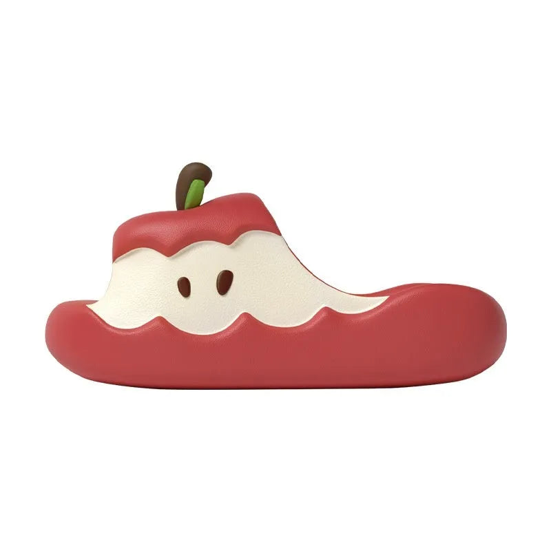 Cartoon fruit-themed EVA flip flop slippers for adults on a plain background.