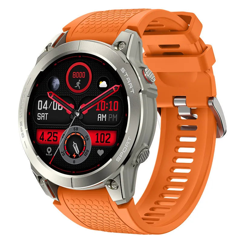 S53 outdoor GPS sports smart watch with black silicone band and 1.43-inch IPS touch screen display