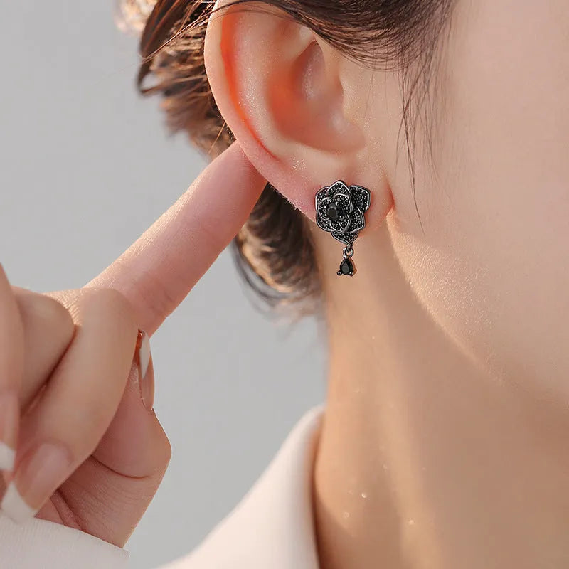 Black rose zircon flower stud earrings for women with 18K gold electroplating