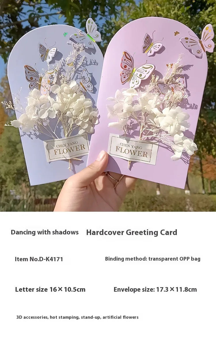 Handmade 3D butterfly greeting card with stand-up artificial flowers on coated paper, 16x10.5cm