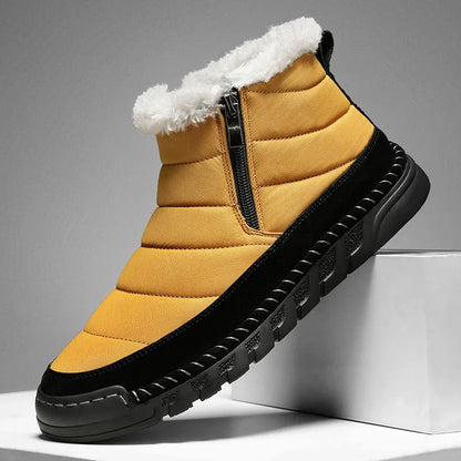 Men's plus size snow boot in black with round toe, flat heel, and rubber sole.