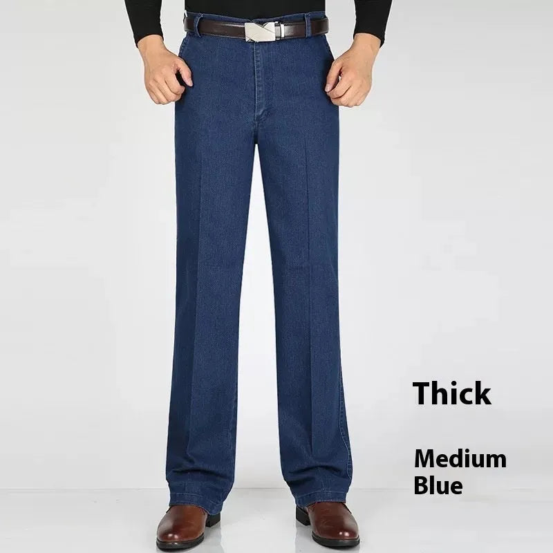 Men's high waist loose blue jeans with zip fly in light, medium and dark colour options
