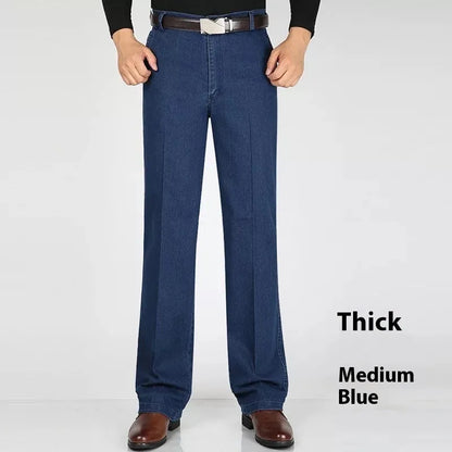 Men's high waist loose blue jeans with zip fly in light, medium and dark colour options