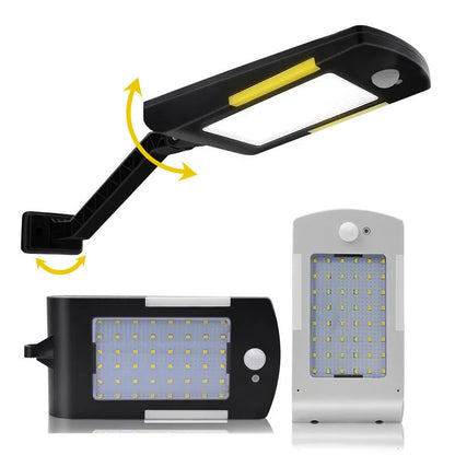 Black and white solar garden light with LED panel shown in wall mount and adjustable rod styles.