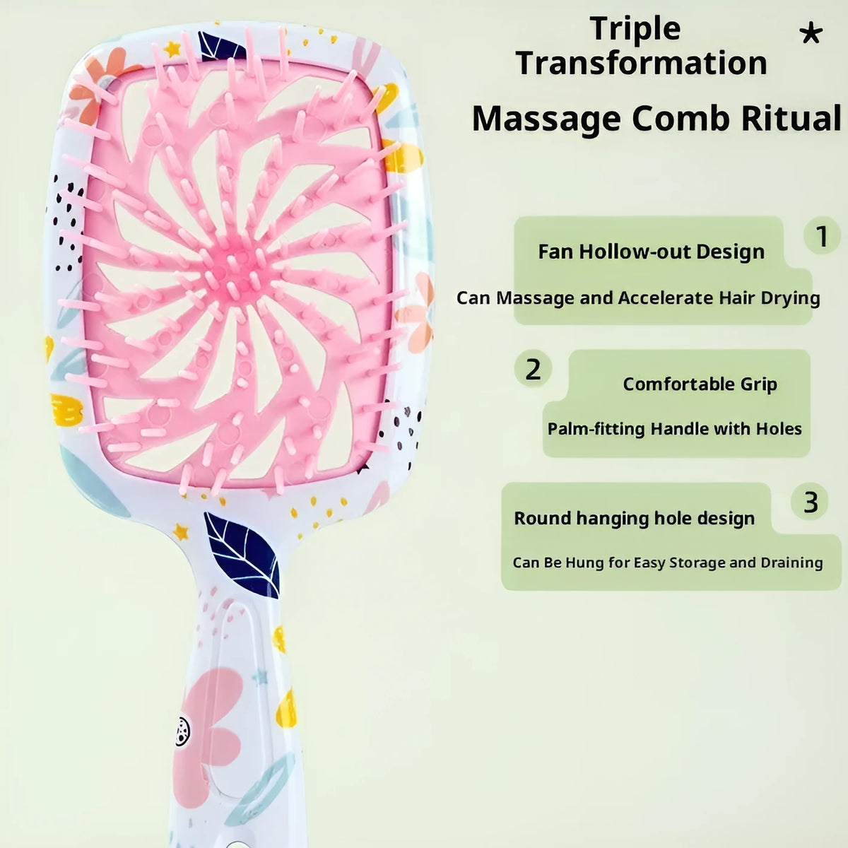 Hollow massage comb in pink or green, over 20cm, ABS with TPU water sticker, boxed