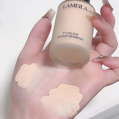 Moisturising concealer foundation bottle showing liquid texture with four shade options for skin tone correction