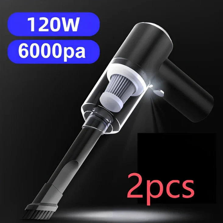 Black wireless car vacuum cleaner with 120W power and 6000Pa suction for car and home use