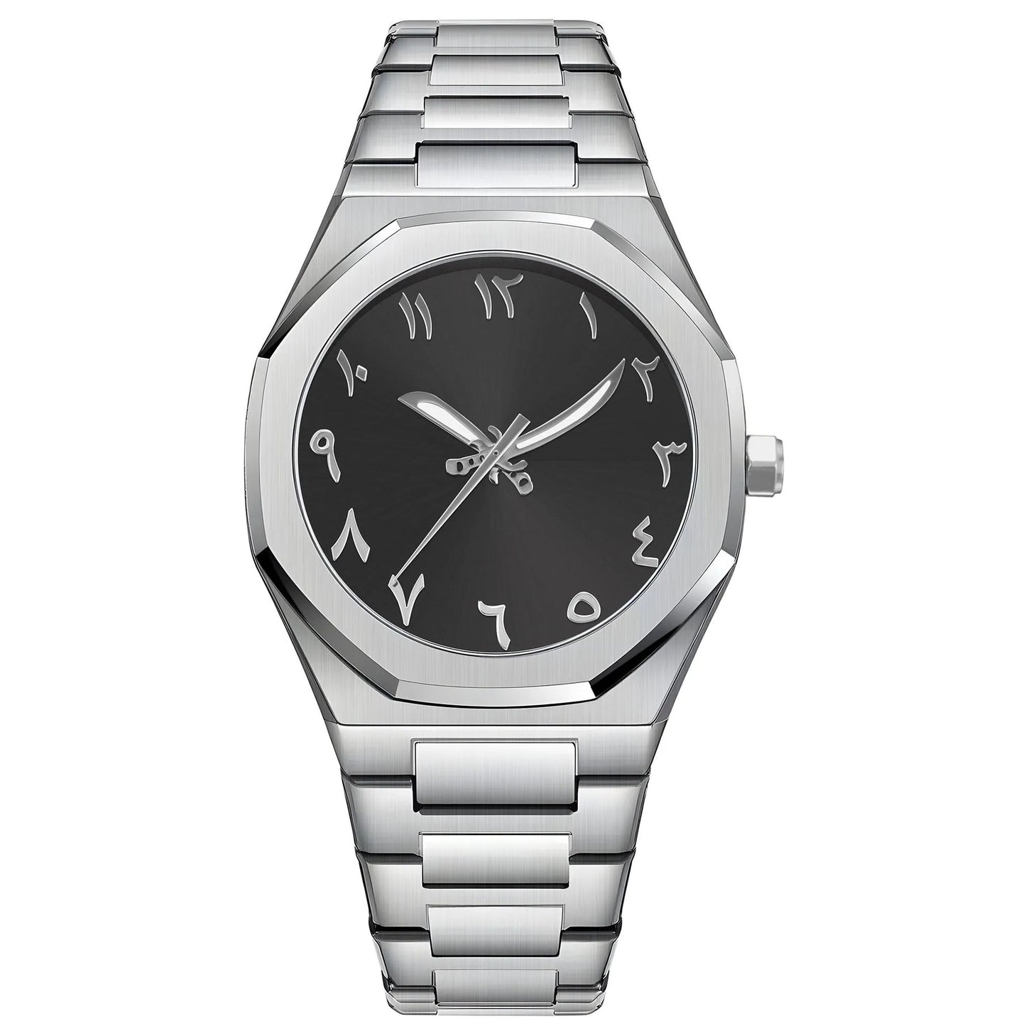 Men's business casual quartz watch with steel belt in black and silver colours, showing 10mm thick case.