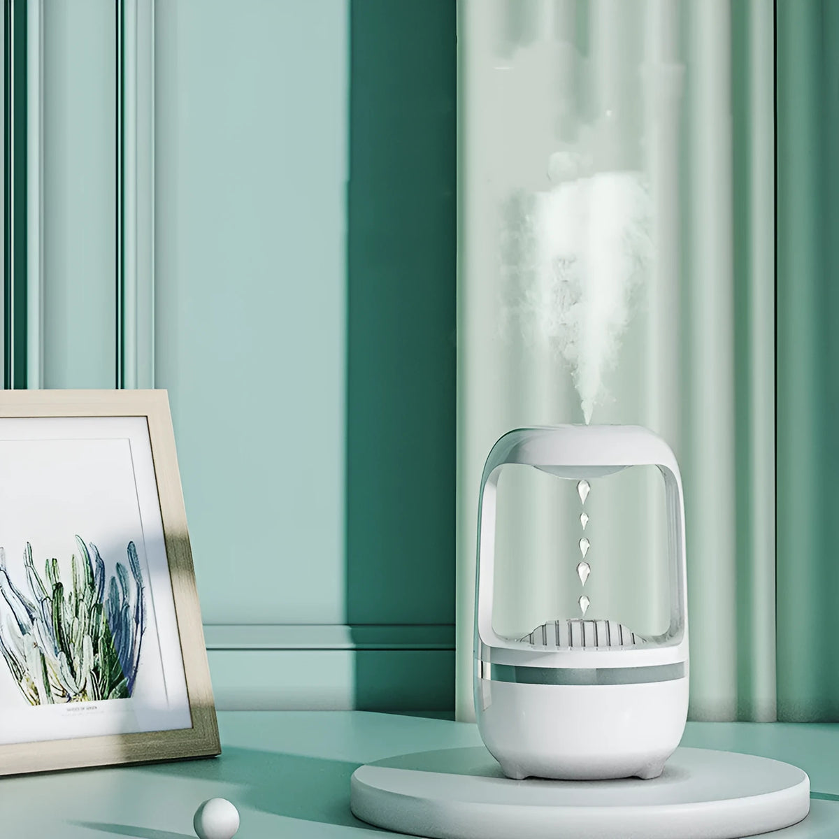 Round anti gravity water drop humidifier in black or white, 120x120x229mm, with atmosphere lamp and USB power.