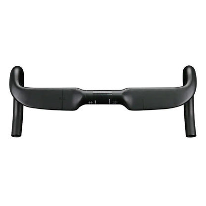 Carbon fibre road bicycle handlebar with double-line design in red, shown from above.