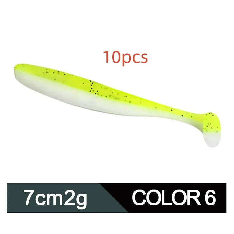 Soft plastic worm lure with a two-tone T tail, shown in one of its 14 colour options.