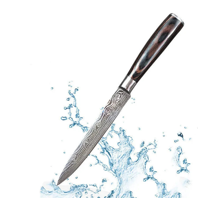 Professional chef knife with laser-etched Damascus pattern on 7Cr17 steel blade and coloured wood handle.