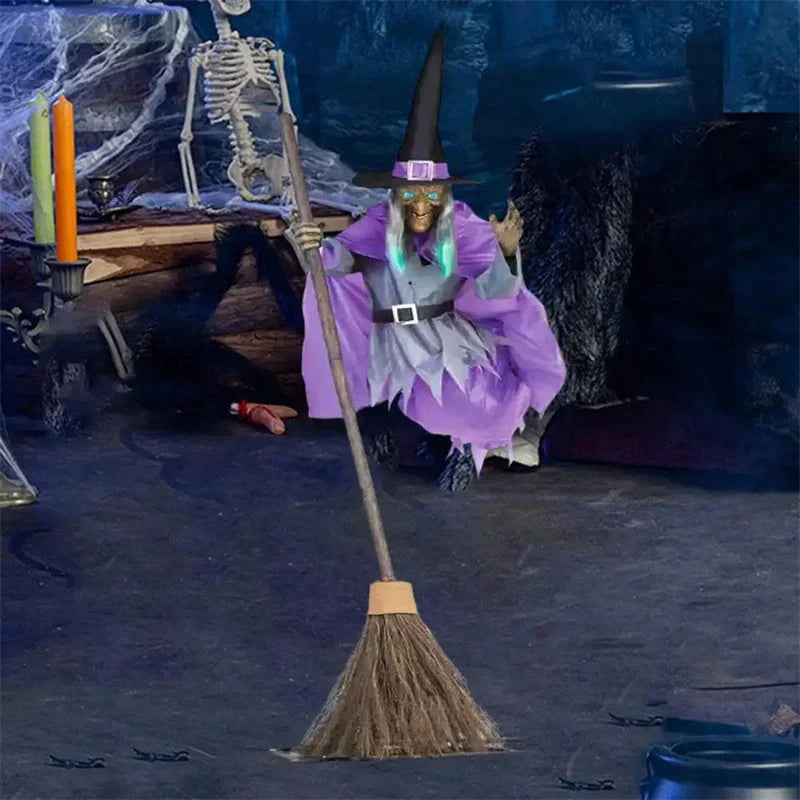 Floating witch Halloween decoration with broom, lifelike scary face, and purple hovering skirt