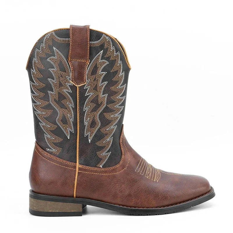 Men's black square toe denim-style motorcycle boots with mid-calf shaft and low wedge heel.