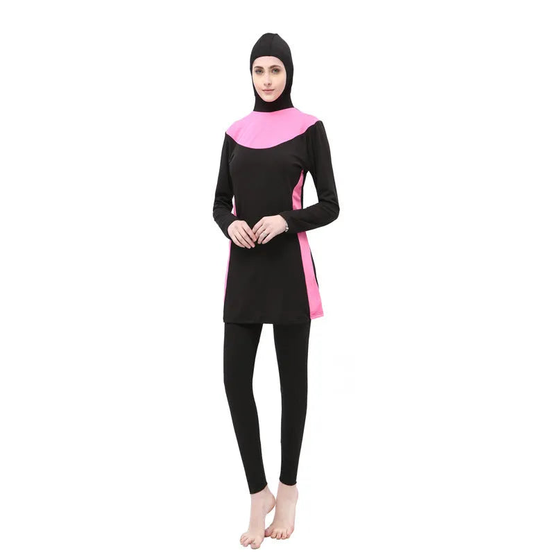 Conservative black women's swimsuit with long sleeves, a hood, and rose red trim.