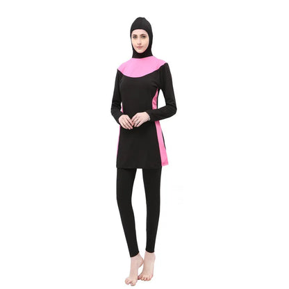 Conservative black women's swimsuit with long sleeves, a hood, and rose red trim.