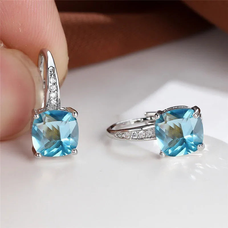 Square zircon inlaid geometric ear hooks in Korean style with electroplated finish