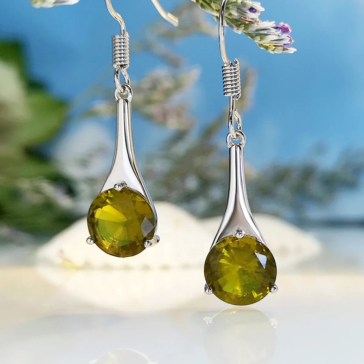 Olive green topaz earrings with water drop shape, electroplated alloy construction, and retro style for women