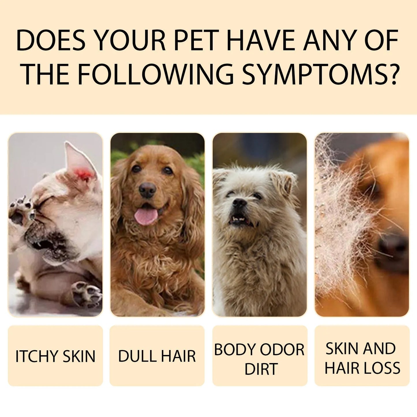 A bottle of mild pet shampoo for dogs, showing 100ml and 300ml size options.