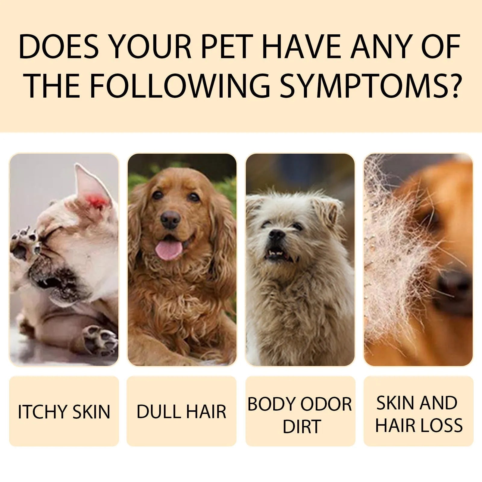 A bottle of mild pet shampoo for dogs, showing 100ml and 300ml size options.