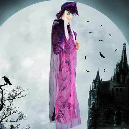 120cm black voice-activated electric witch prop with purple option for Halloween decorations, polyester material