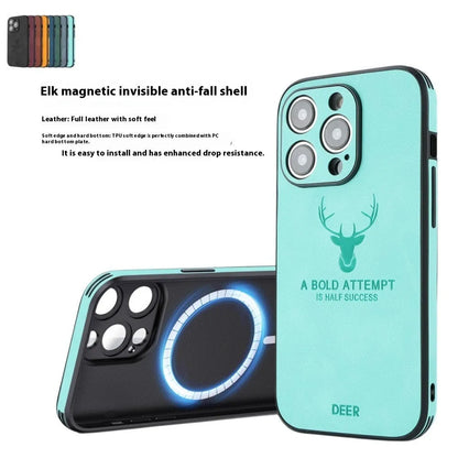 iPhone 16 magnetic charging case with a raised 3D embossed moose head pattern on a faux leather back in dark green.